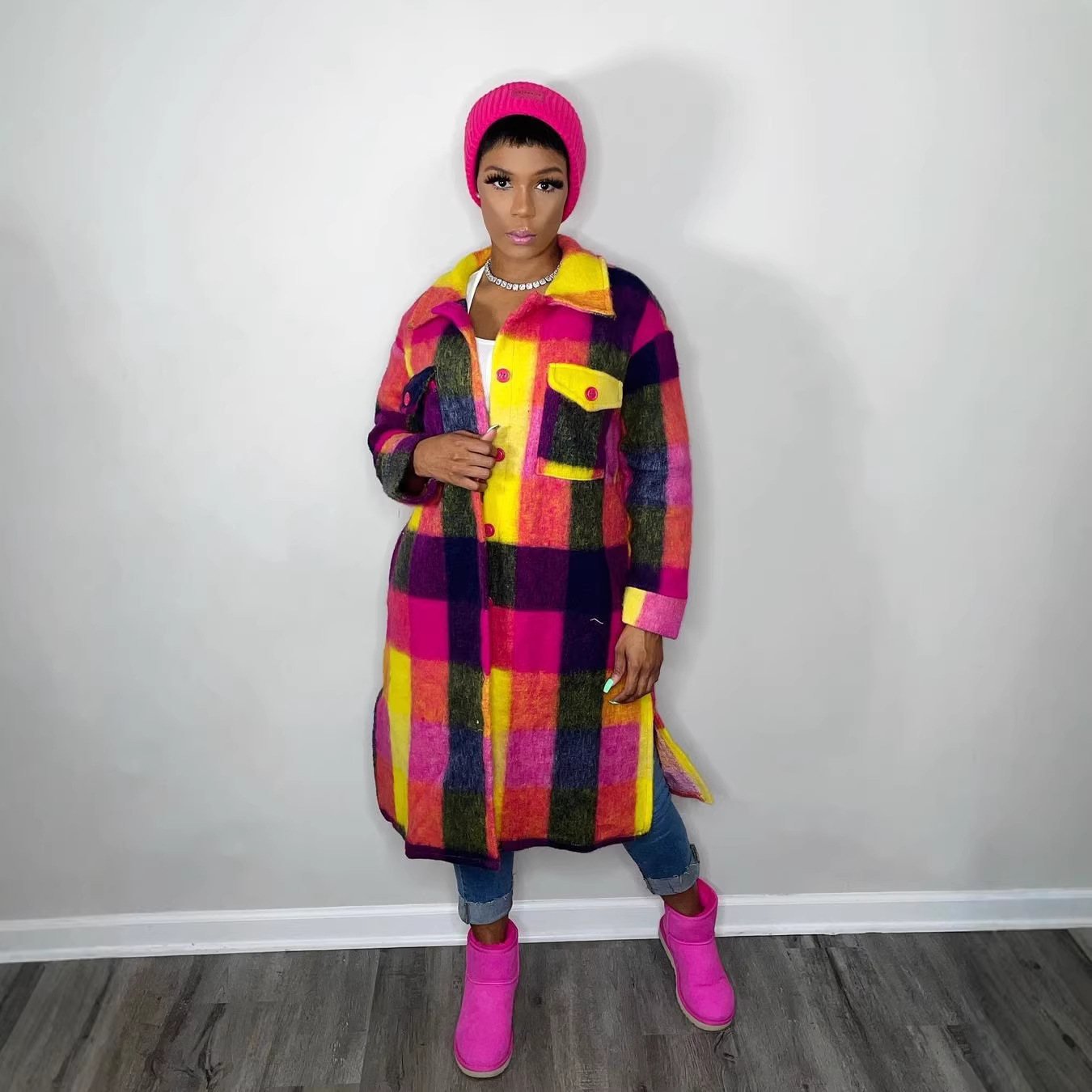Plaid Pocket Coat for Winter Outerwear