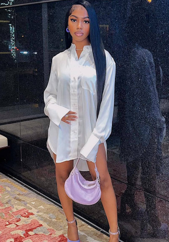 Women Autumn & Winter Sexy Side Slit Solid Color Shirt Dress