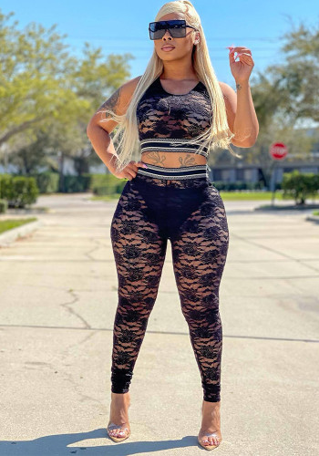 Women Summer Black Vest Sexy See-Through Lace Top & Pant Two-Piece Set