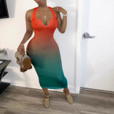 Women Sexy V-Neck Gradient Color Elegant Dress