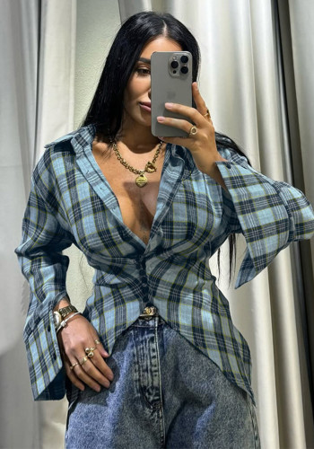 Women Plaid Turndown Collar Long Sleeve Irregular Shirt
