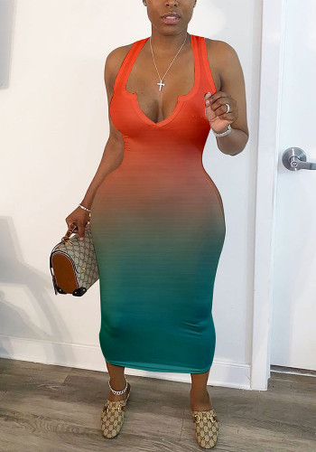 Women Sexy V-Neck Gradient Color Elegant Dress