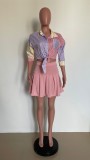 Women Summer Pink 3/4 Sleeve Shirt & Skirt Two-Piece Set