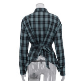Women Plaid Turndown Collar Long Sleeve Irregular Shirt