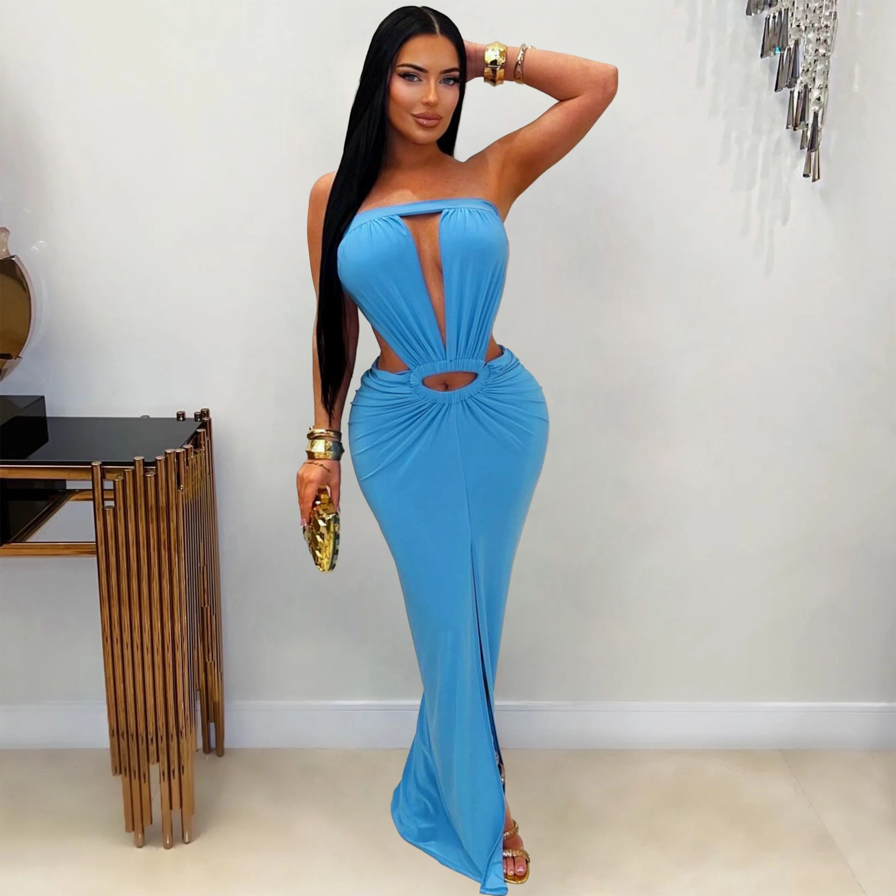 Solid Backless Strapless Slit Dress for Evening Events