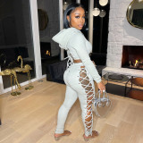 Women Autumn & Winter Lace-Up Sexy Hollow Out Hoodies & Pant Two-Piece Set