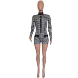 Women Sexy Houndstooth Long Sleeve Romper