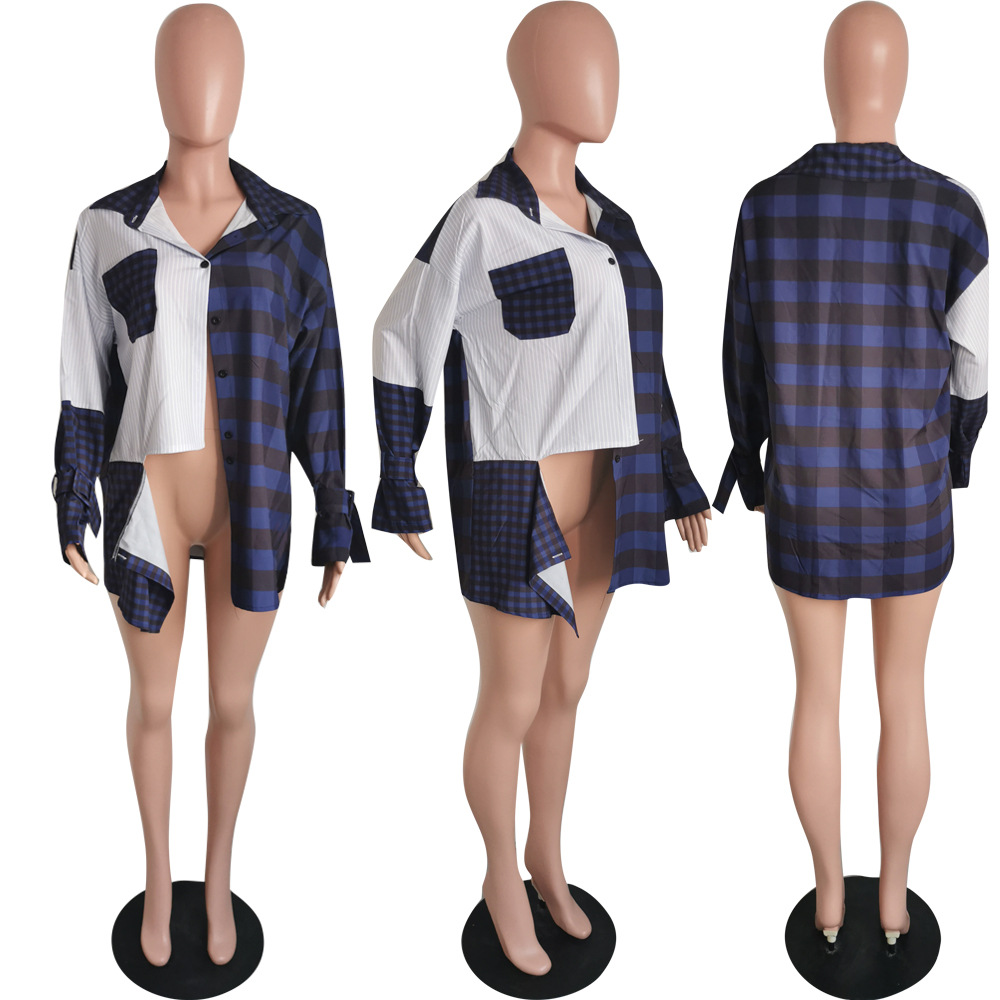 Plaid Patchwork Irregular Shirt for Casual Outings