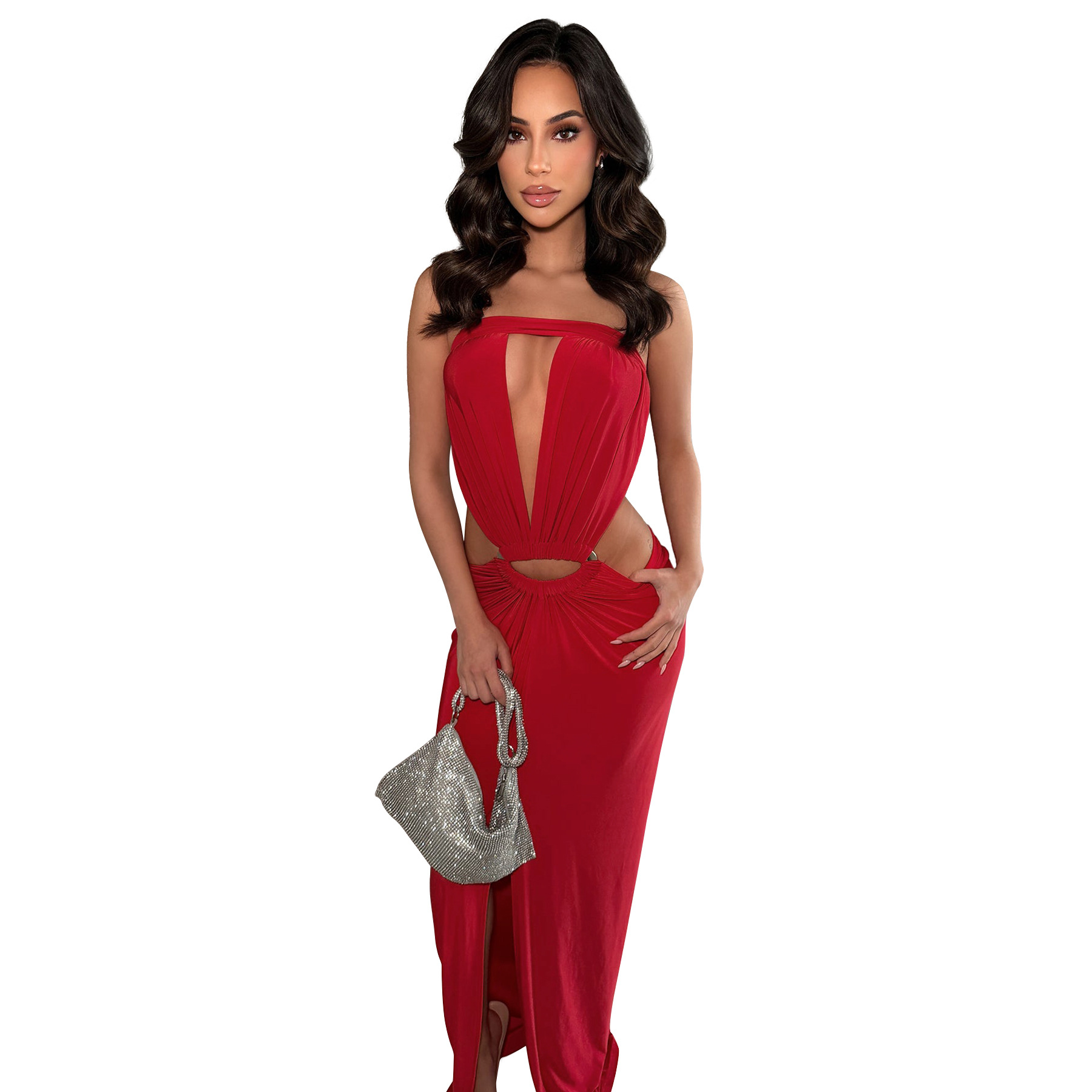 Solid Backless Strapless Slit Dress for Evening Events