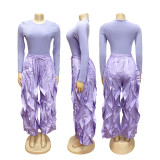 Women Autumn/Winter Long Sleeve Top and Layers Wide-Leg Pant Two-Piece Set