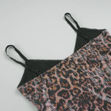 Women American Style Sexy Leopard Print Sequin Slip Top & Skirt Two-Piece Set
