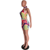 Women Sexy Hollow Out Print Short Sleeveless Halter Neck Dress