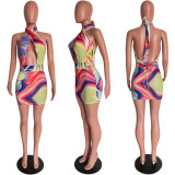 Women Sexy Hollow Out Print Short Sleeveless Halter Neck Dress