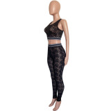 Women Summer Black Vest Sexy See-Through Lace Top & Pant Two-Piece Set