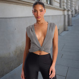 Women Spring & Summer V-Neck Knot Front Sleeveless Crop Top T-Shirt