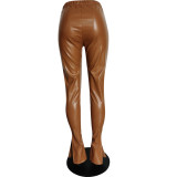 Women Slit Sexy Bell Bottom PU Leather Pants