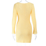 Women Spring Sexy Solid Color V-Neck Draped Collar Beaded Lace Long Sleeve Bodycon Dress