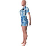 Women Summer Houndstooth Casual Print Zip Top & Shorts Two-Piece Set