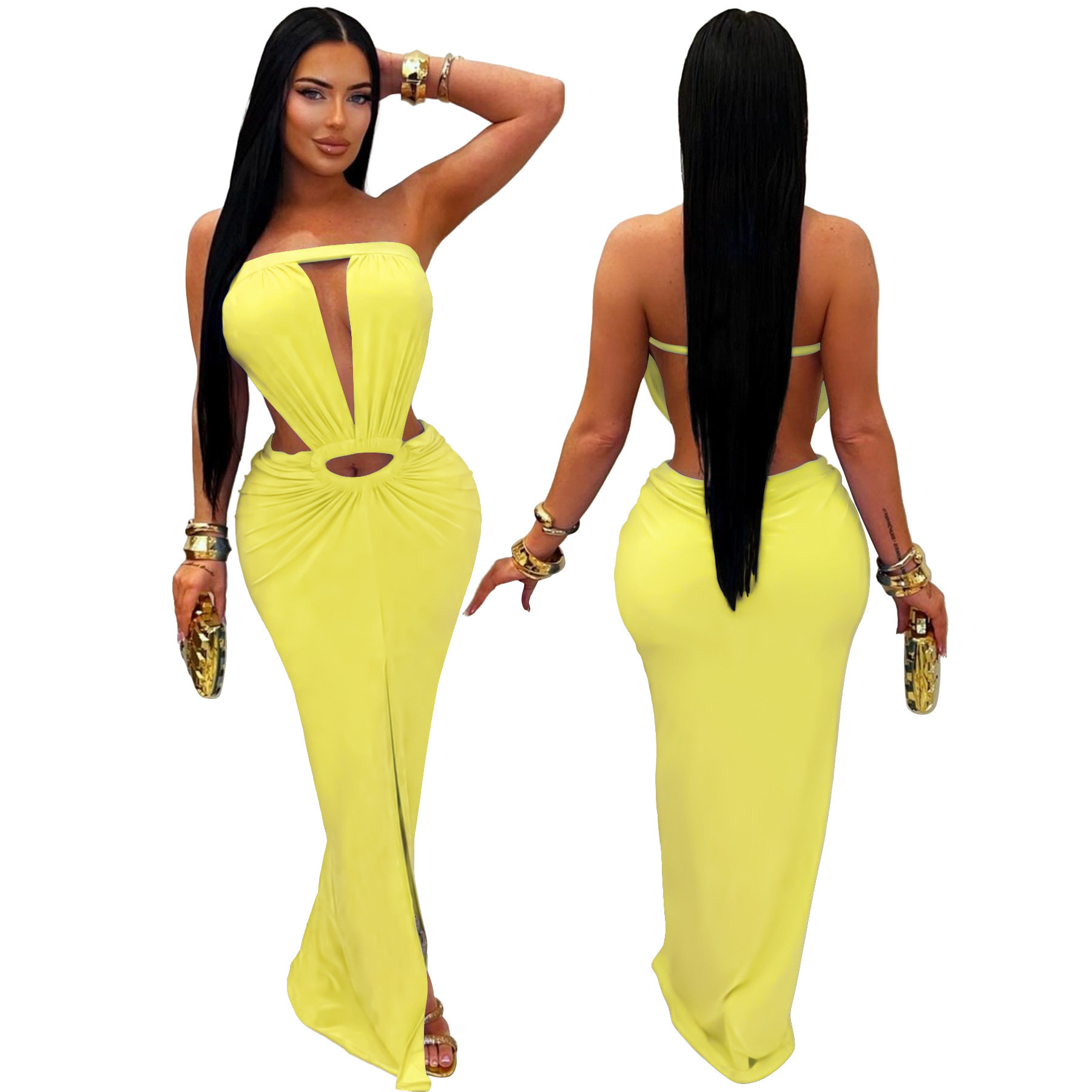 Solid Backless Strapless Slit Dress for Evening Events
