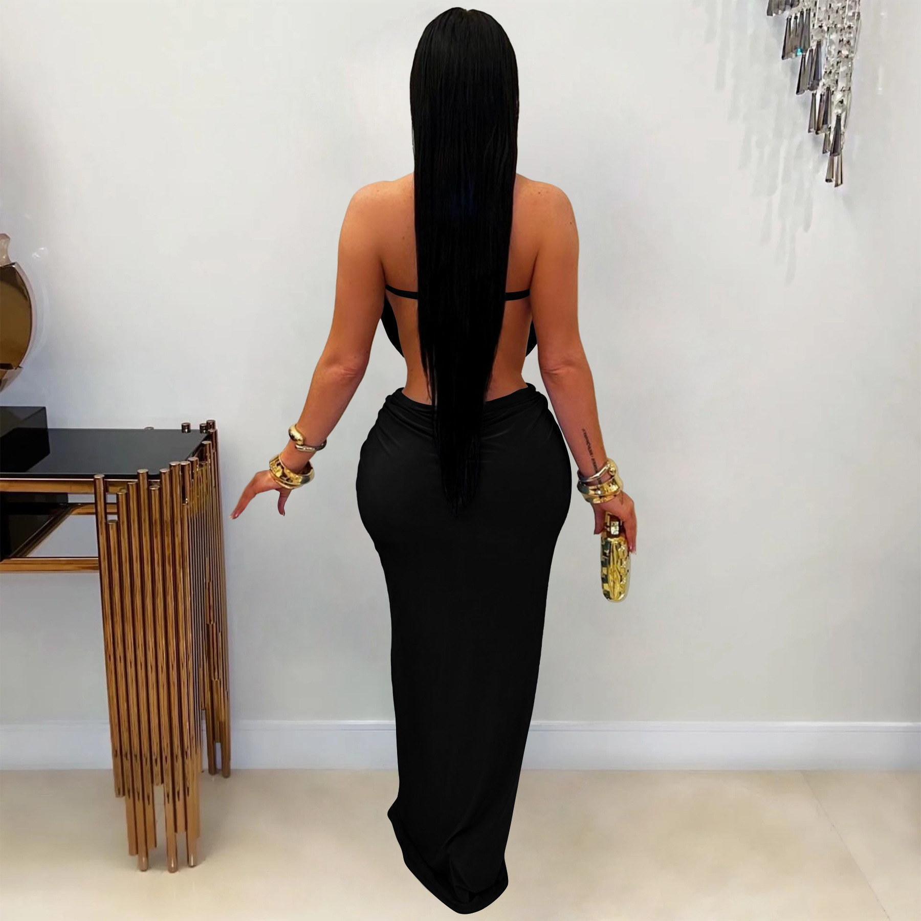Solid Backless Strapless Slit Dress for Evening Events