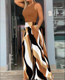 Women Round Neck Sleeveless Top and Print Pant Two Piece