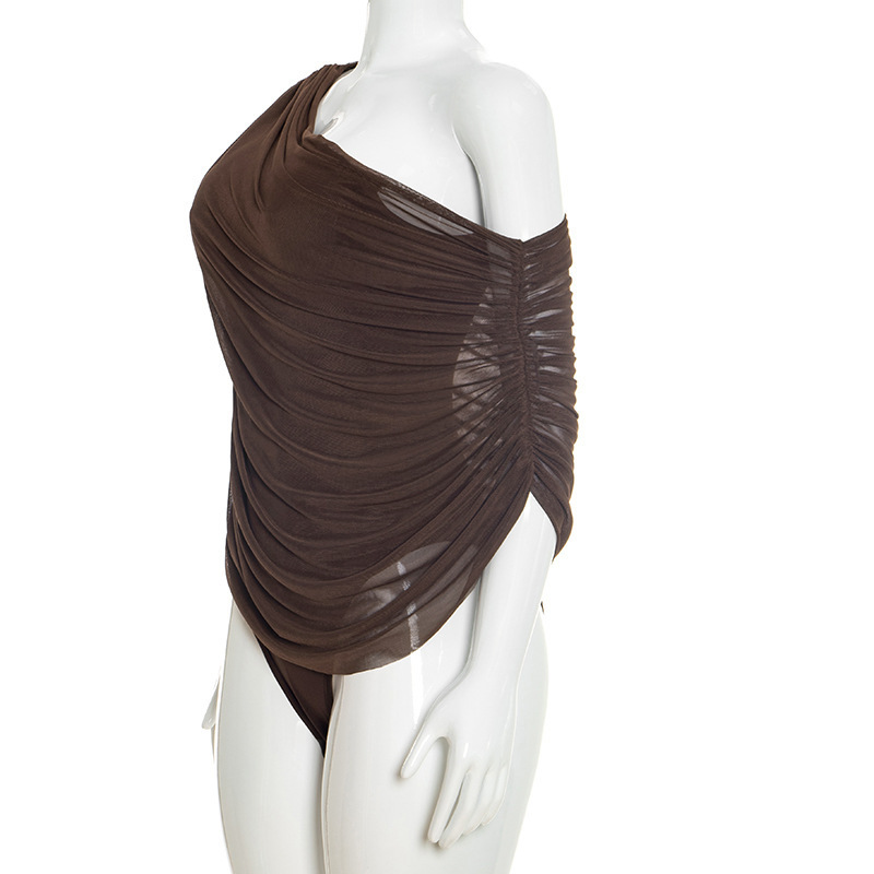 Off-Shoulder Mesh Ruched Bodysuit for Summer Casual