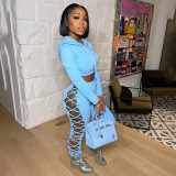 Women Autumn & Winter Lace-Up Sexy Hollow Out Hoodies & Pant Two-Piece Set