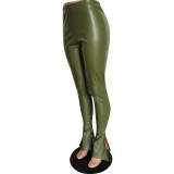 Women Slit Sexy Bell Bottom PU Leather Pants