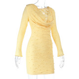 Women Spring Sexy Solid Color V-Neck Draped Collar Beaded Lace Long Sleeve Bodycon Dress