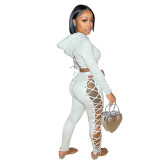 Women Autumn & Winter Lace-Up Sexy Hollow Out Hoodies & Pant Two-Piece Set