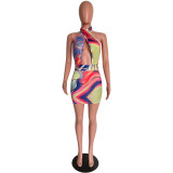 Women Sexy Hollow Out Print Short Sleeveless Halter Neck Dress