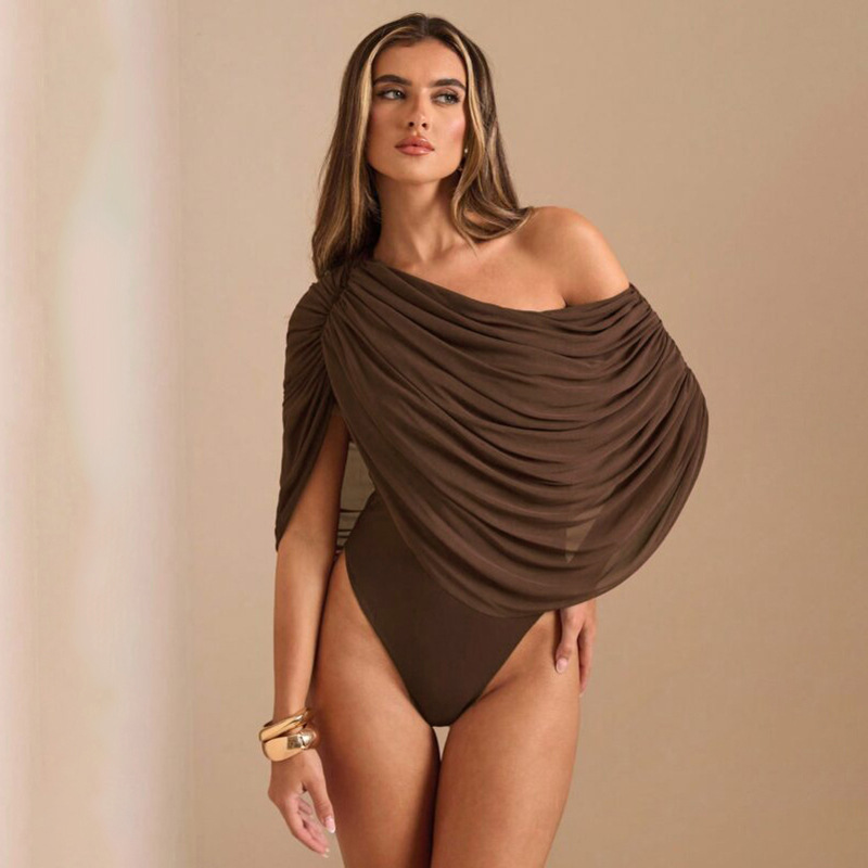 Off-Shoulder Mesh Ruched Bodysuit for Summer Casual
