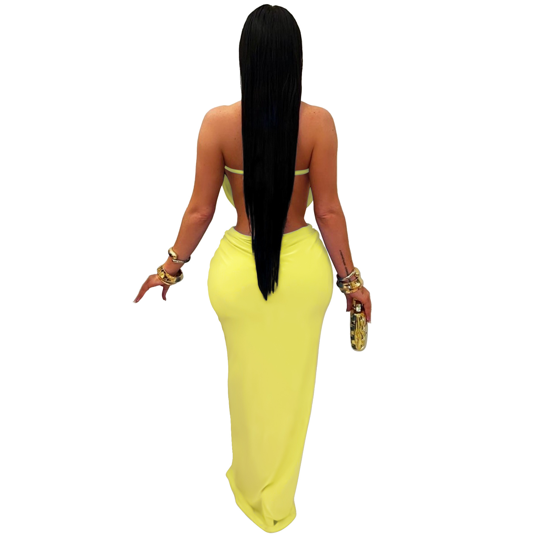 Solid Backless Strapless Slit Dress for Evening Events