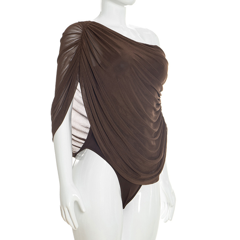 Off-Shoulder Mesh Ruched Bodysuit for Summer Casual