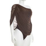 Women Summer Casual Off Shoulder Sleeveless Mesh Ruched Bodysuit