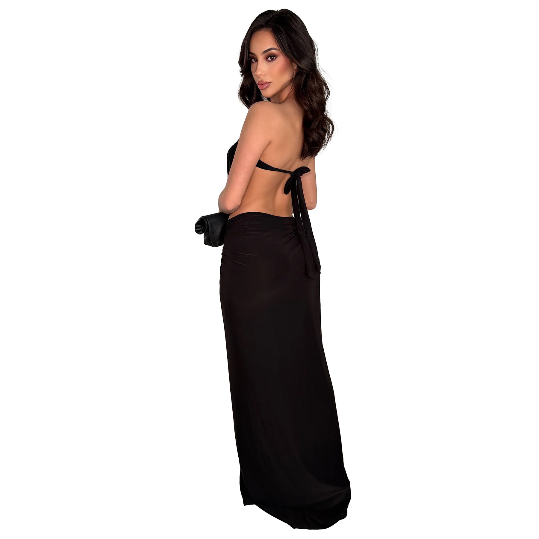 Solid Backless Strapless Slit Dress for Evening Events