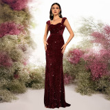 Women solid V-neck sequined halter evening dress mermaid dress