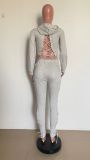 Women Autumn & Winter Lace-Up Sexy Hollow Out Hoodies & Pant Two-Piece Set