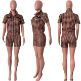 Women Summer Houndstooth Casual Print Zip Top & Shorts Two-Piece Set