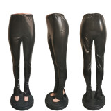 Women Slit Sexy Bell Bottom PU Leather Pants