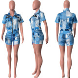 Women Summer Houndstooth Casual Print Zip Top & Shorts Two-Piece Set