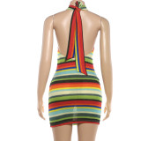 Women Spring & Summer Sexy Backless Halter Neck Lace-Up Color Block Bodycon Dress