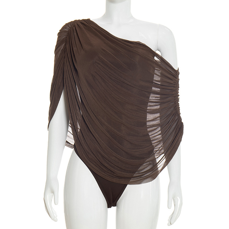 Off-Shoulder Mesh Ruched Bodysuit for Summer Casual