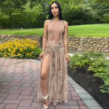 Women Spring & Summer Sexy Print Bodysuit & Side Slit Skirt Two-Piece Set