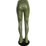Women Slit Sexy Bell Bottom PU Leather Pants