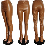 Women Slit Sexy Bell Bottom PU Leather Pants
