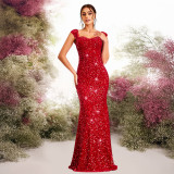 Women solid V-neck sequined halter evening dress mermaid dress