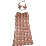 Women Spring Sexy Halter Neck Lace-Up Hollow Out Beaded Chain Dress