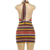 Women Spring & Summer Sexy Backless Halter Neck Lace-Up Color Block Bodycon Dress