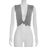 Women Spring & Summer V-Neck Knot Front Sleeveless Crop Top T-Shirt